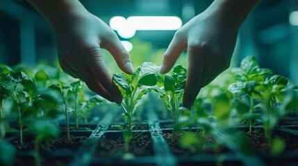 Hands Gently Touching Young Green Seedlings in a Tray