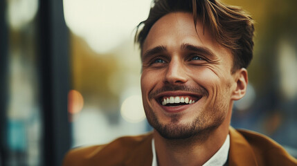 Obraz premium Close-up of a man with a confident expression, his eyes sparkling with laughter, dressed in a relaxed, stylish outfit.