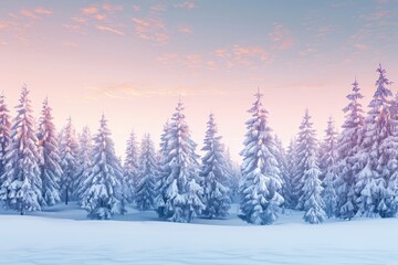 Obraz premium Snow-Covered Pine Trees in a Winter Wonderland at Sunset