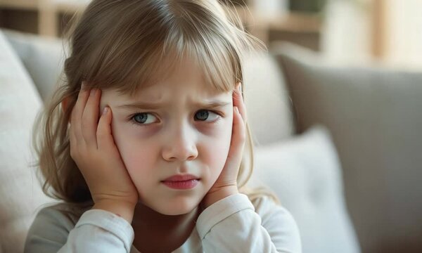 sad little girl suffers from pain and inflammation in her ear. home interior with copy space. Ear pain concept.