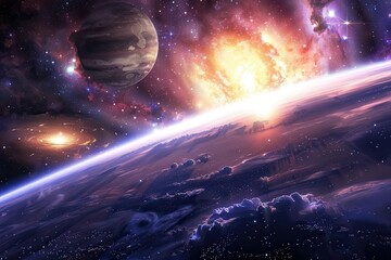 Breathtaking view of a distant planet and a magnificent nebula in deep space.