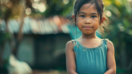 Little girl in a simple blue dress with a serious face against a green background. Children's Day, social problems and poverty.