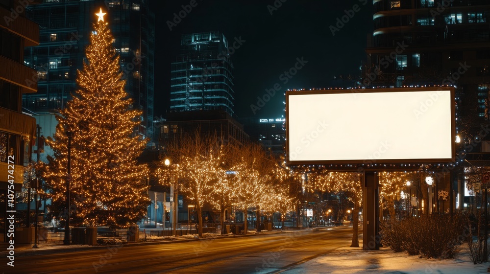 Poster during a calm winter night, a large christmas tree adorned with bright lights stands prominently bes