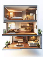Cross-Section View of Modern Multi-Story House with Three Spacious Rooms, Showcasing Minimalist Interior Design and Open Layouts in a Contemporary Style