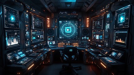 Futuristic control room with multiple monitors displaying data and a large central screen with a play button icon.