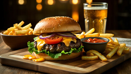 Burger with fries and cook on wooden