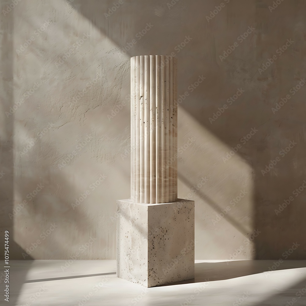 Poster 3d rendering of a marble pedestal with shadow on a beige wall