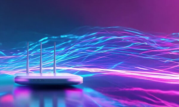 modern white router for home Internet and television networks, online communication on a bright neon digital background with a gradient of blue and pink colors and copy space