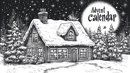 Naklejka premium A charming illustration of an Advent calendar set against a snowy winter scene, perfect for evoking holiday spirit.