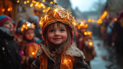 traditional village celebration, vibrant three kings parade with families in a small village, children carrying traditional epiphany stars