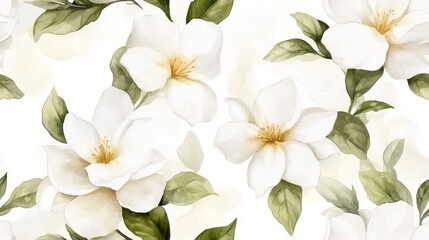 Watercolor Illustration of White Flowers with Green Leaves