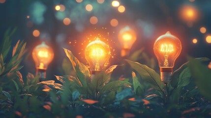 Illuminated Light Bulbs Emerging from Greenery