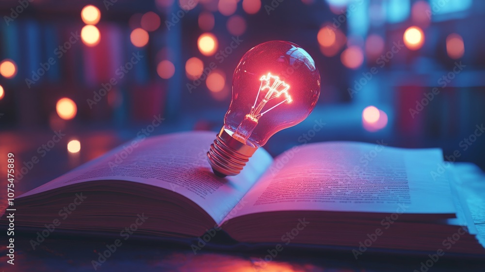 Poster illuminated light bulb resting on open book with blurry bokeh background