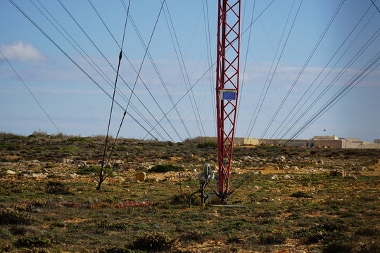 Military antenna made of parabolic tensioned metal wires with a diameter of 12 to 15 meters. Antenna at the south-western end of Europe facing the Atlantic Ocean. Sagres, Algarve, Portugal, Europe.