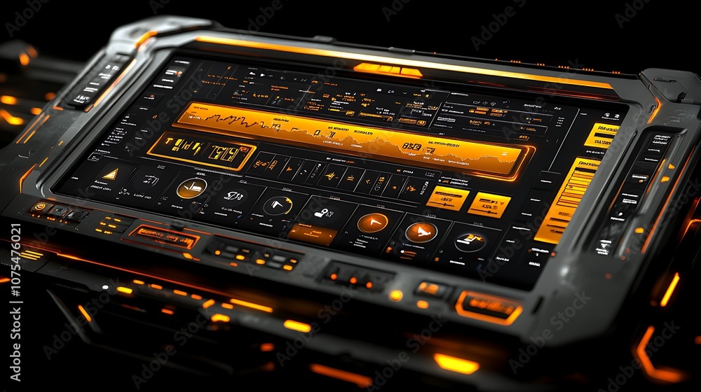 Poster futuristic interface with glowing orange buttons and display, isolated on black background.