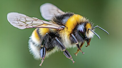 A close-up of a bumblebee in flight.
