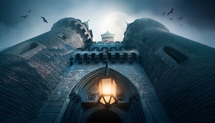 Entrada al castillo, en una noche de niebla, con una luz misteriosa
