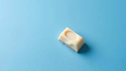 A delicate white chocolate praline sitting atop a blue background with subtle texture and minimal shading, creating an elegant visual composition, background color, blue, premium quality