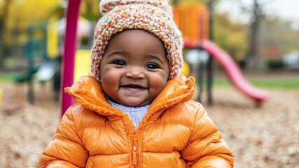 Happy black baby in an orange coat and knitted hat enjoying time at a vibrant playground during autumn