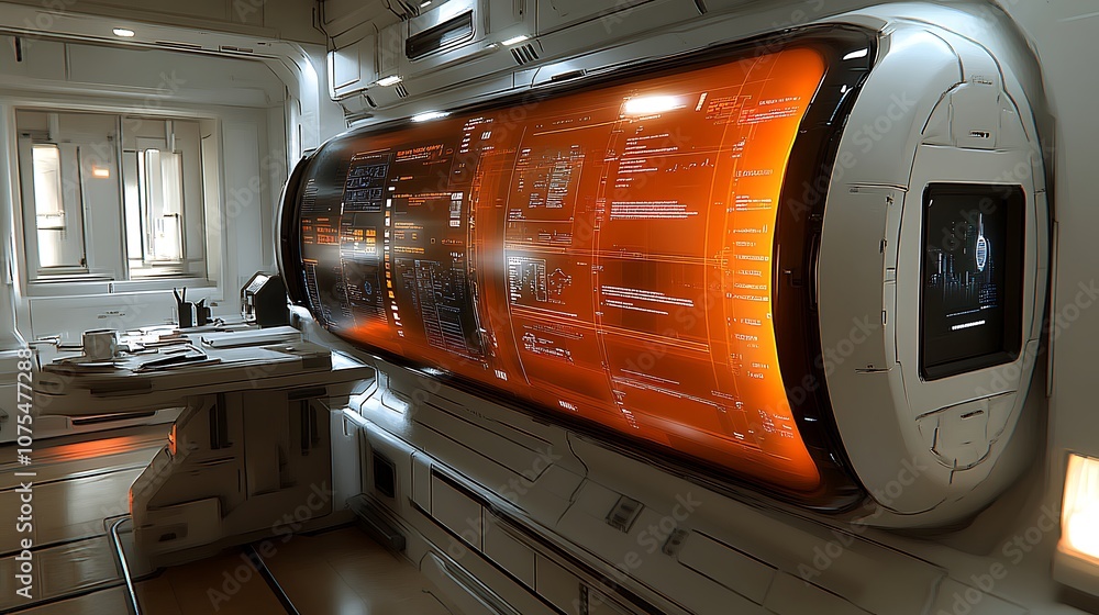 Aufkleber futuristic spaceship interior with large, curved screen displaying data and information.