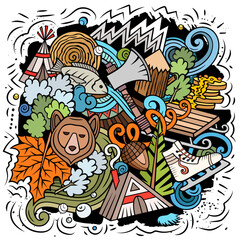 Obraz premium Canada cartoon doodle illustration. Funny Canadian design. Creative vector background with north America country elements and objects