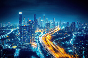 Fototapeta premium Nighttime view of skyscrapers and traffic
