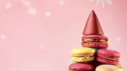 creative macaron Christmas tree video pastel pink background combining festive treats candy land e ideal invitations holiday party decor marketing materials New Year season decoration idea homemade - Powered by Adobe