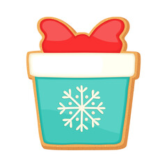 Christmas sugar cookie gingerbread gift box. Cute cartoon vector illustration of single shortbread iced biscuit. Xmas object gingerbread cookie icon. Winter design element holiday sweet bakery.