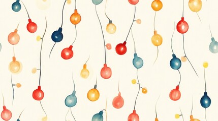 Watercolor Painting of Multicolored Round Ornaments Hanging from Strings