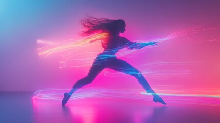 A Silhouette of a Woman Dancing With Neon Trails