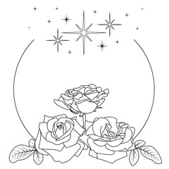 Floral stylized frame. Geometric composition, three roses, leaves, black circle contour, black stars. Flat isolated silhouette illustration. Design element, coloring book pages, print, digital
