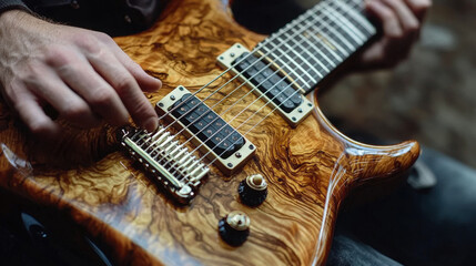 Creative musician playing a beautifully crafted electric guitar indoors
