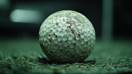 A close-up of a worn golf ball on green grass.