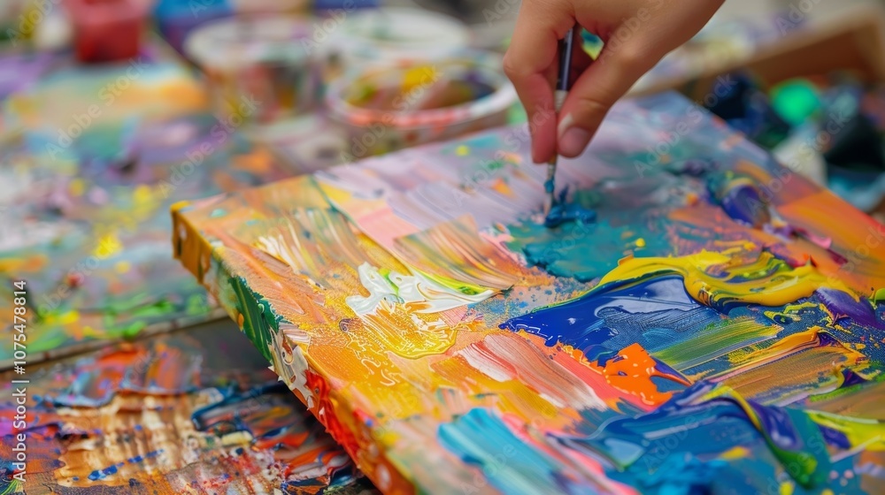 Poster painter is adding a touch of teal to an abstract painting using a fine brush, surrounded by other co