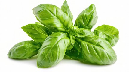 Fresh Green Basil Leaves Isolated on a White Background, Perfect for Culinary Uses, Organic Dishes, and Health-Conscious Recipes