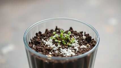 A clear glass planter filled with a mix of potting soil and vermiculite, containing a small group of tiny, delicate seedling plants arranged in a spiral formation inside, soil, seedlings