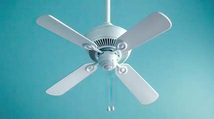 Obraz premium Brighten your living space with a stylish white ceiling fan and light fixture in a cozy room with blue walls