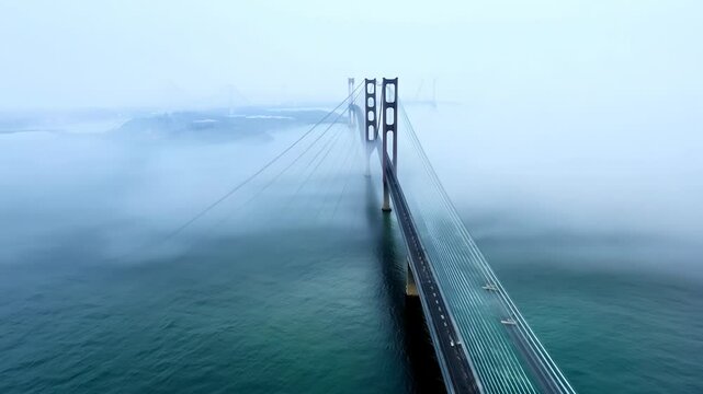 Bridge over the river in morning fog. Abstract suspension bridge on natural landscape with aerial view