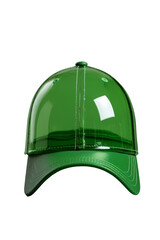 Stylish green baseball cap with a glossy plastic finish, perfect for fashion and casual outfits. Isolated on transparent background.