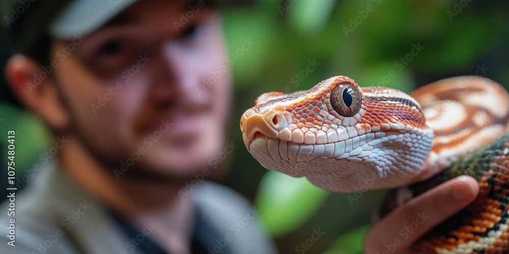 Poster a person holding a colorful snake with a calm expression. the image captures the bond between a huma