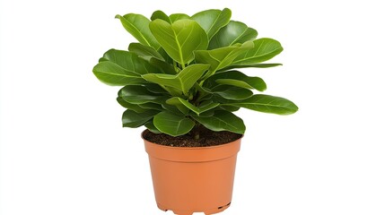 A vibrant potted Ficus plant showcasing lush green leaves against a clean, neutral background in high-resolution detail