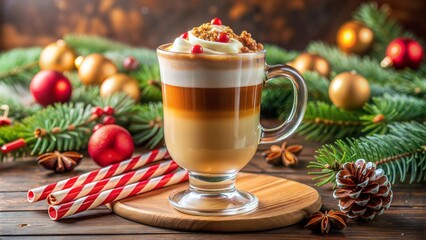 Festive caramel macchiato with holiday decorations and pine branches