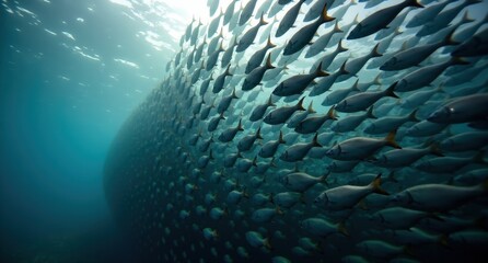 Sardine Run, Wild Coast, South Africa, massive sardine swarm underwater with predator fish around. Captured with Nikon D850, showcasing dynamic marine life in natural light.
