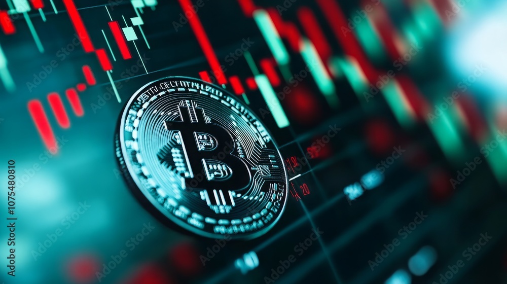 Poster a close-up shot of a bitcoin coin placed over a digital stock chart with red and green lines indicat