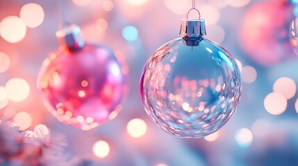 Fototapeta premium Transparent Christmas Baubles in Pink and Blue with Bokeh Lights