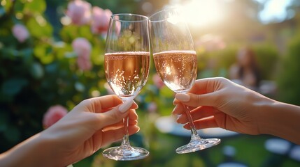 Champagne Toast with Blurred Floral Background