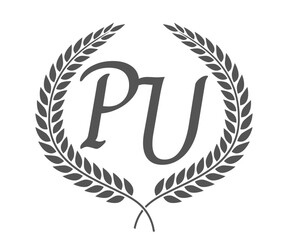 Initial letter P and U, PU monogram logo design with laurel wreath. Luxury calligraphy font.