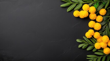 Beautiful mimosa flowers arranged elegantly on a dark stone table, creating a vibrant border for a heartfelt message on Mothers Day