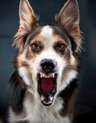 retrato de la cara de un bonito perro gruñendo, con ojos marrones.