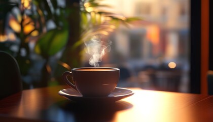 Fototapeta premium Warm Coffee Cup on Wooden Table with Bokeh Effect in Background